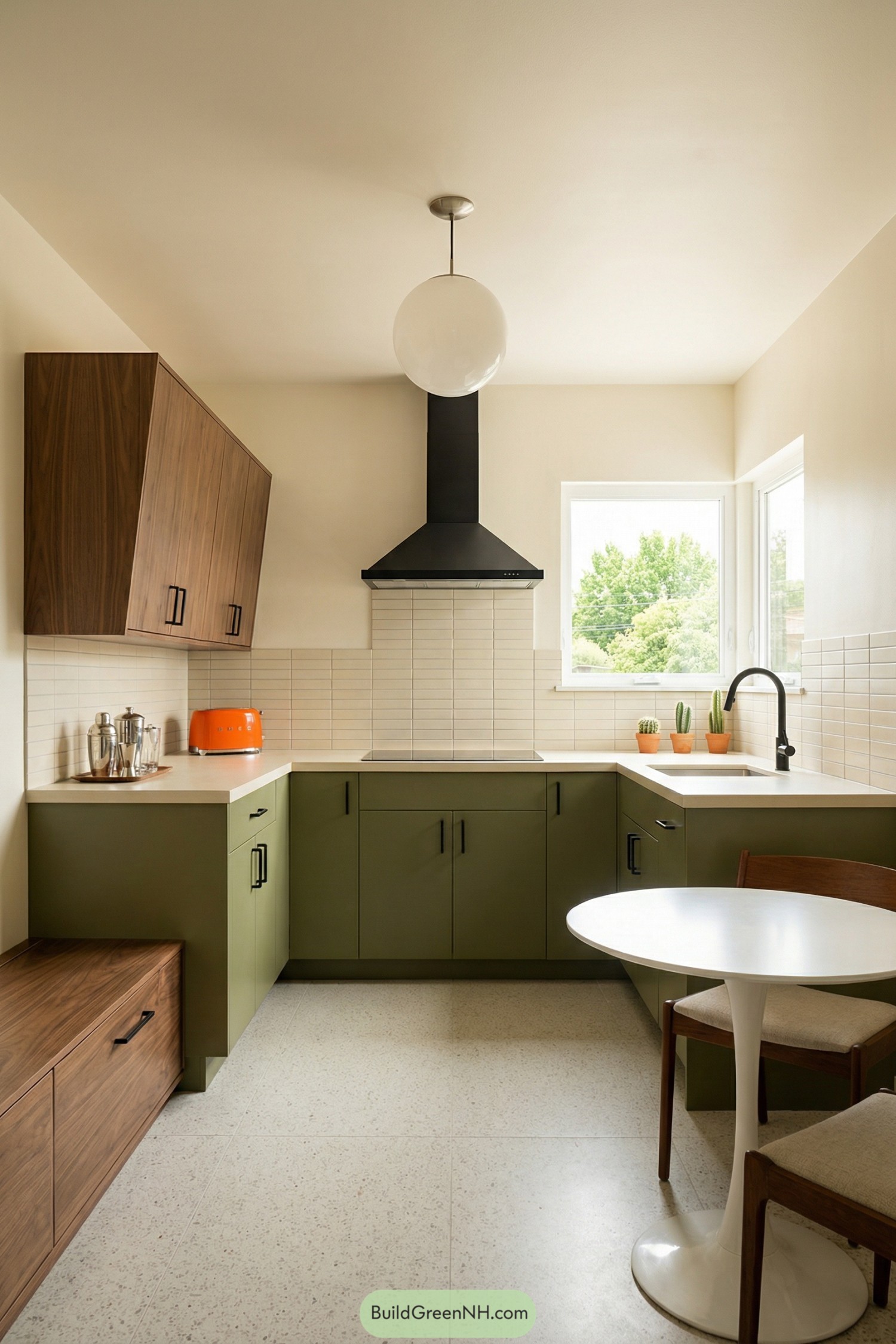 Compact olive green kitchen with wood cabinets and small dining nook