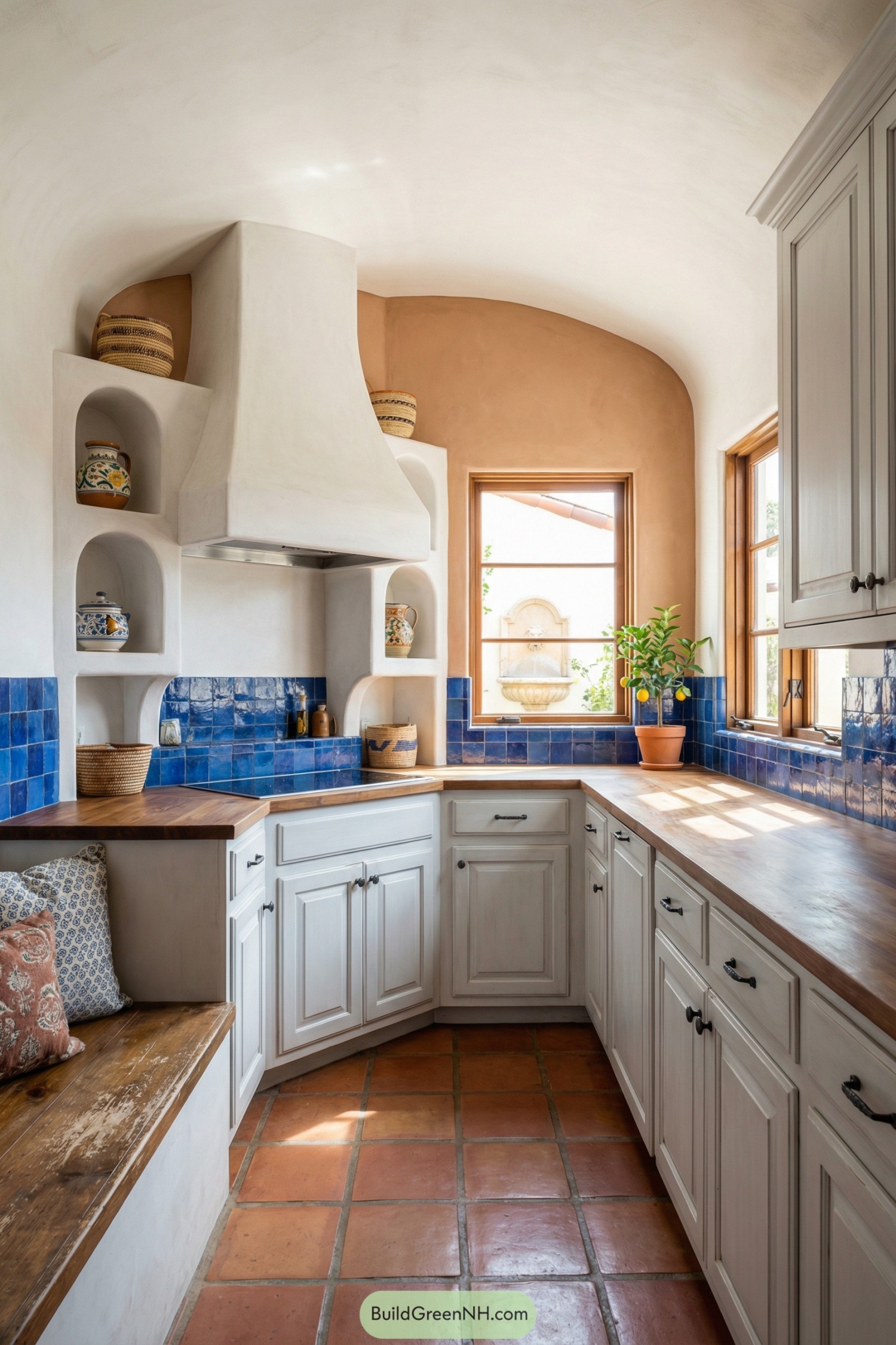 Compact adobe style kitchen with white cabinetry, blue tile backsplash, and terracotta floor