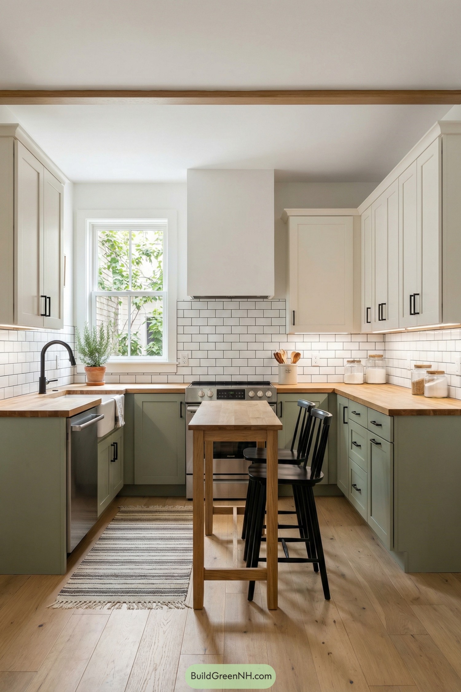 Small U-shaped kitchen with sage cabinets and wood accents