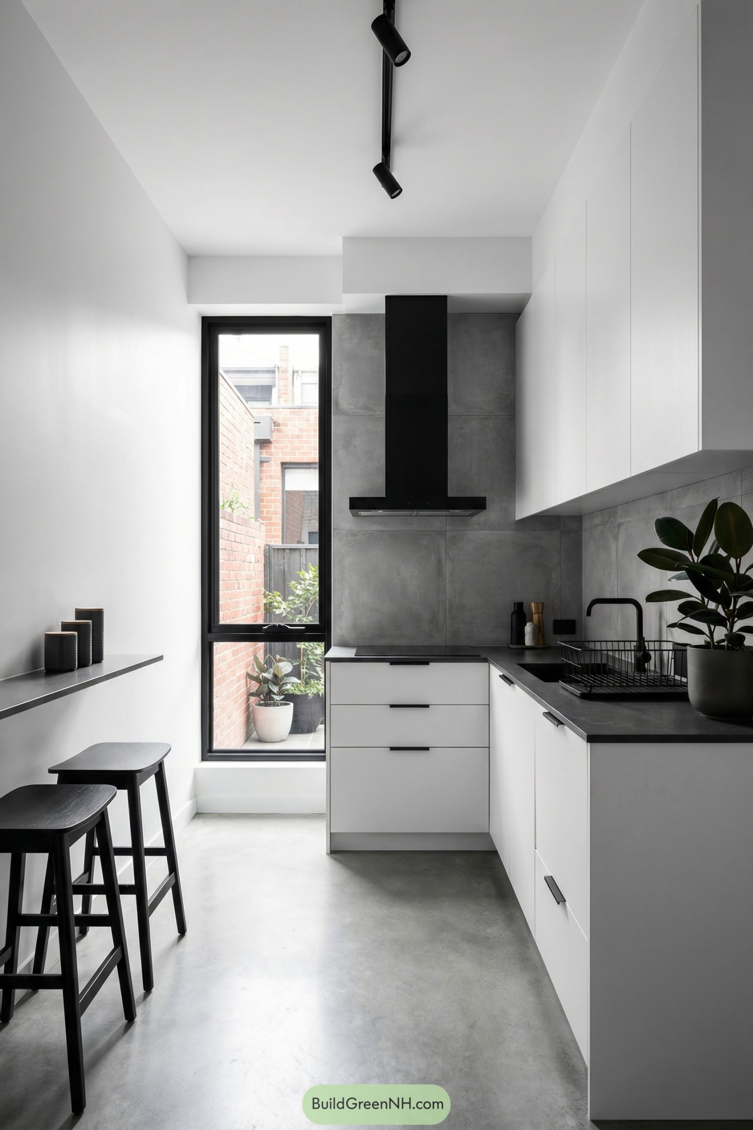 Minimalist black and white galley kitchen with concrete finishes and tall window to a small brick courtyard