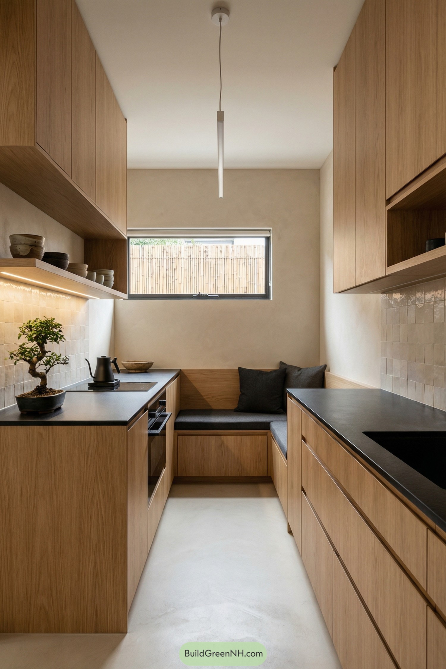 Compact wood kitchen with black counters and cozy bench seating
