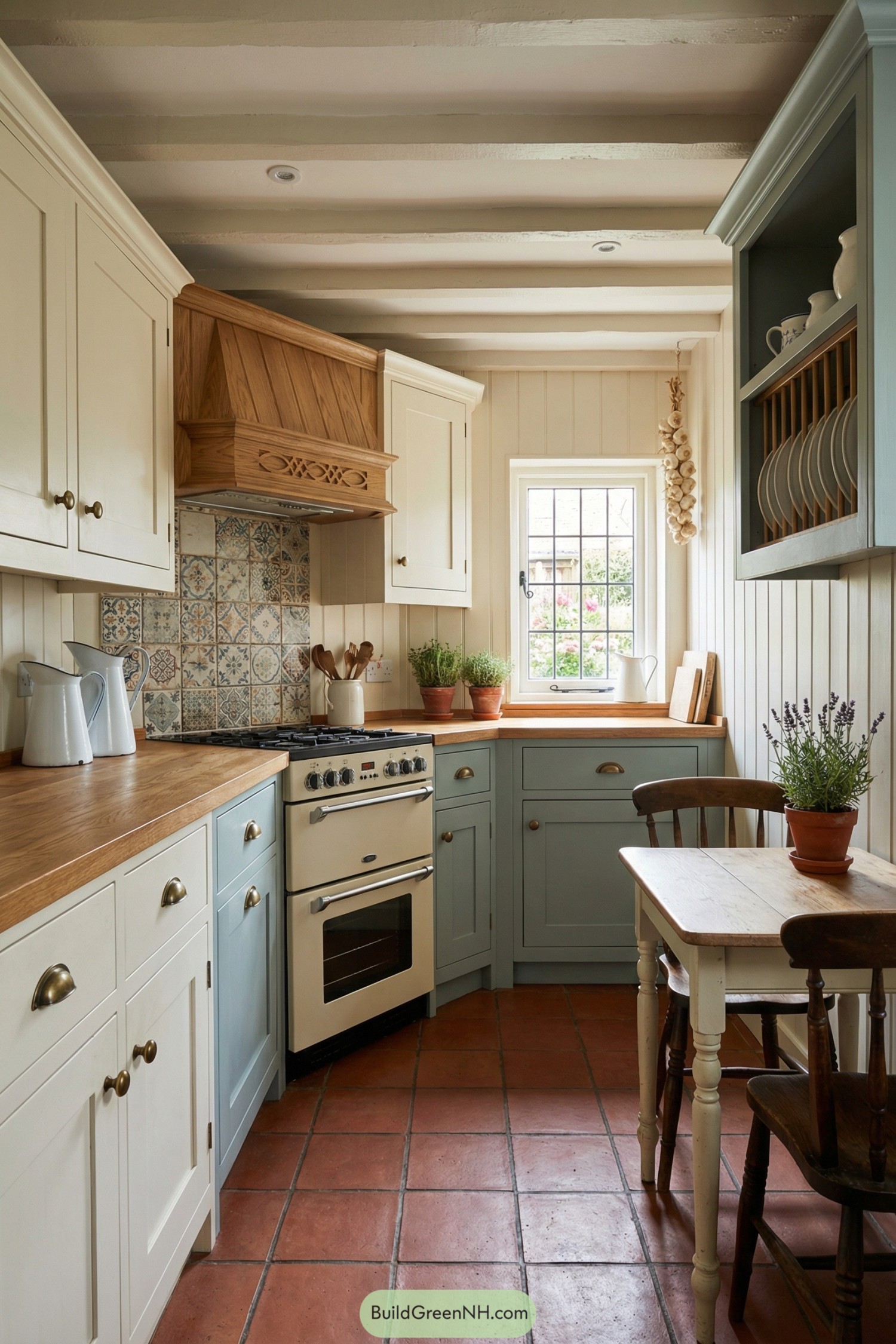Small country kitchen with cream and blue cabinets, patterned tile backsplash, and terracotta floor
