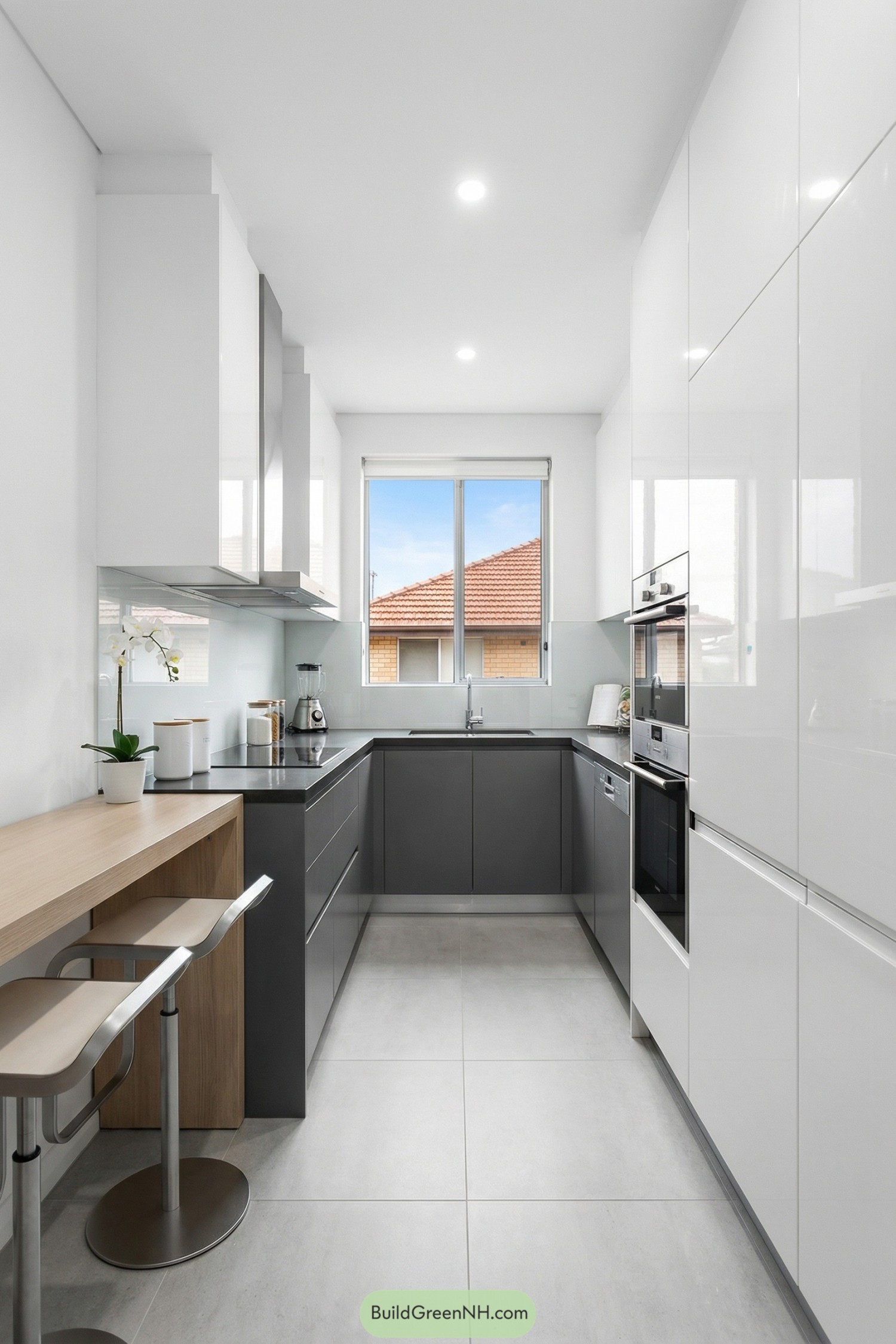 Modern narrow U shaped kitchen with white gloss cabinets gray base units and a small breakfast bar