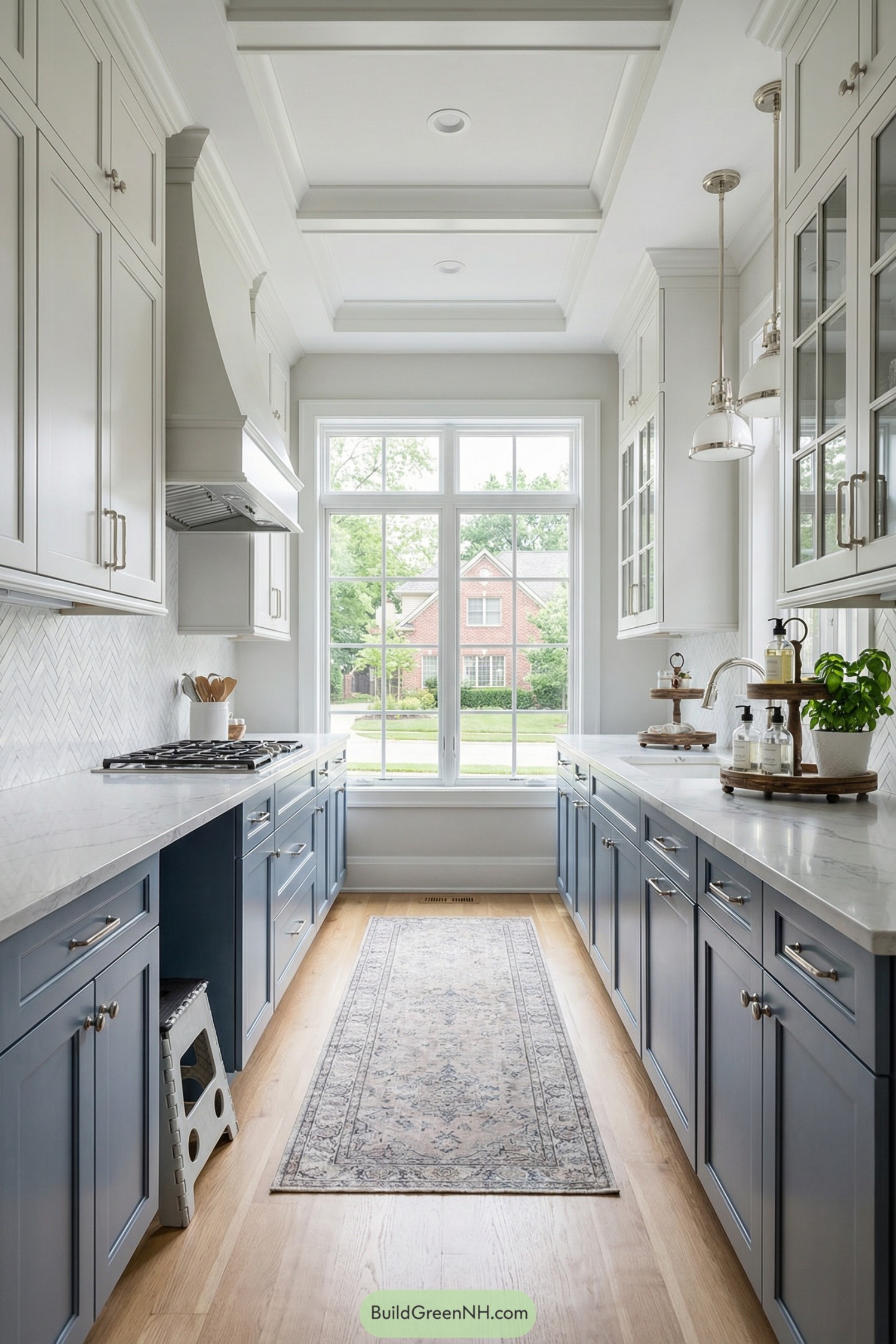 Bright galley kitchen with blue lower cabinets, white uppers, and a large window at the end. Long runner rug, herringbone backsplash, and pendant lights complete the narrow cooking space