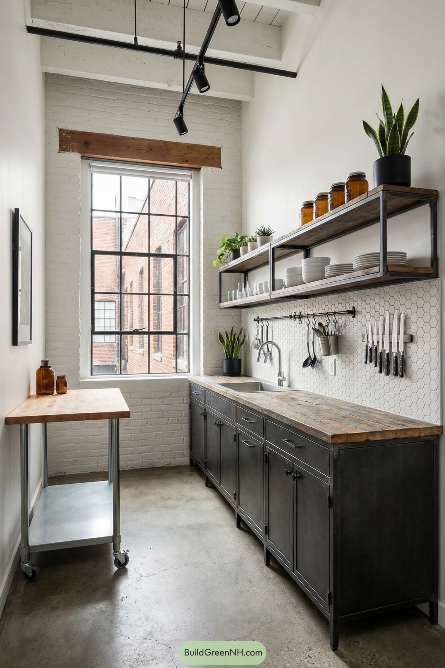 Narrow industrial kitchen with metal cabinets and open wood shelving