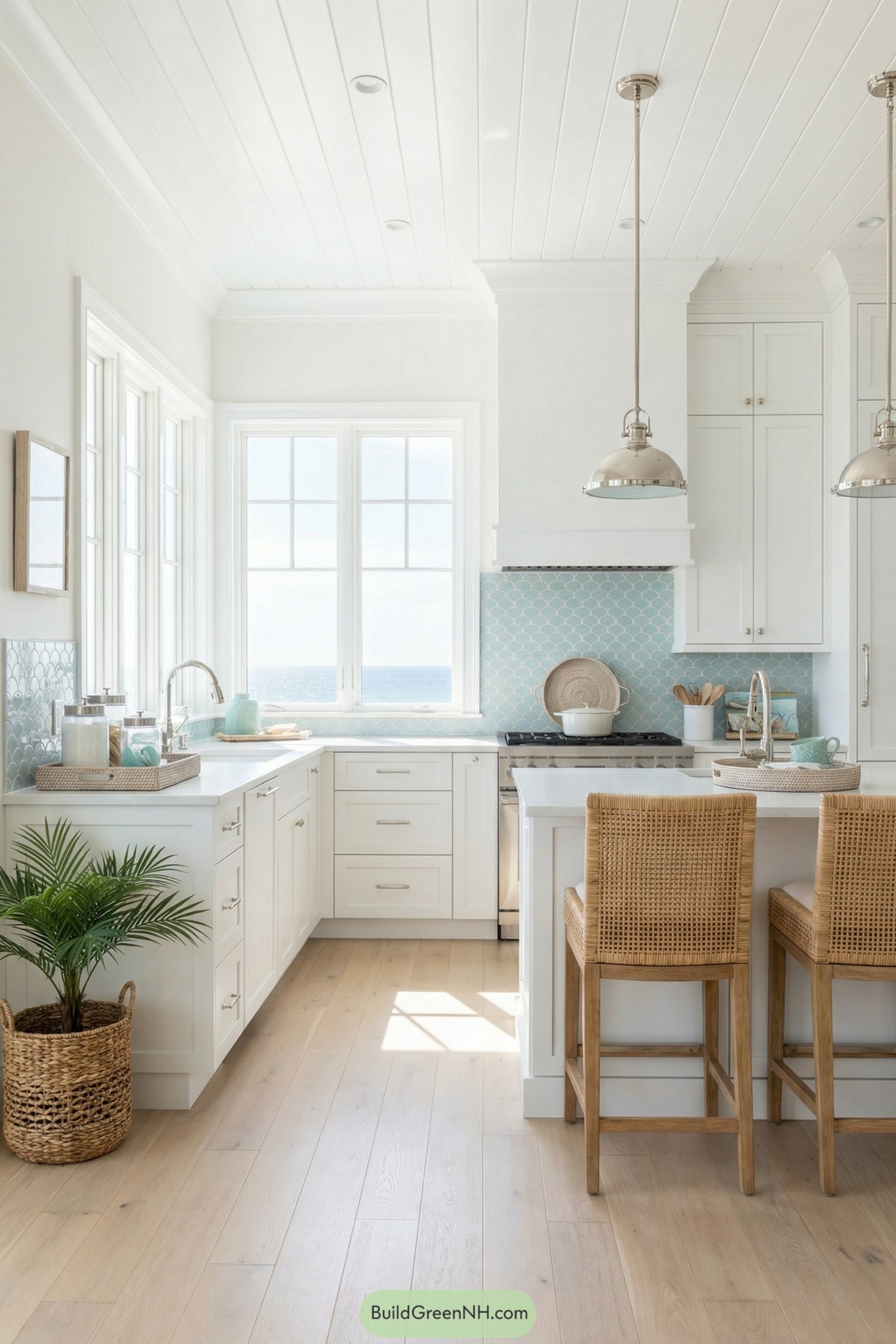 Sunny white coastal kitchen with blue tile backsplash and wicker barstools