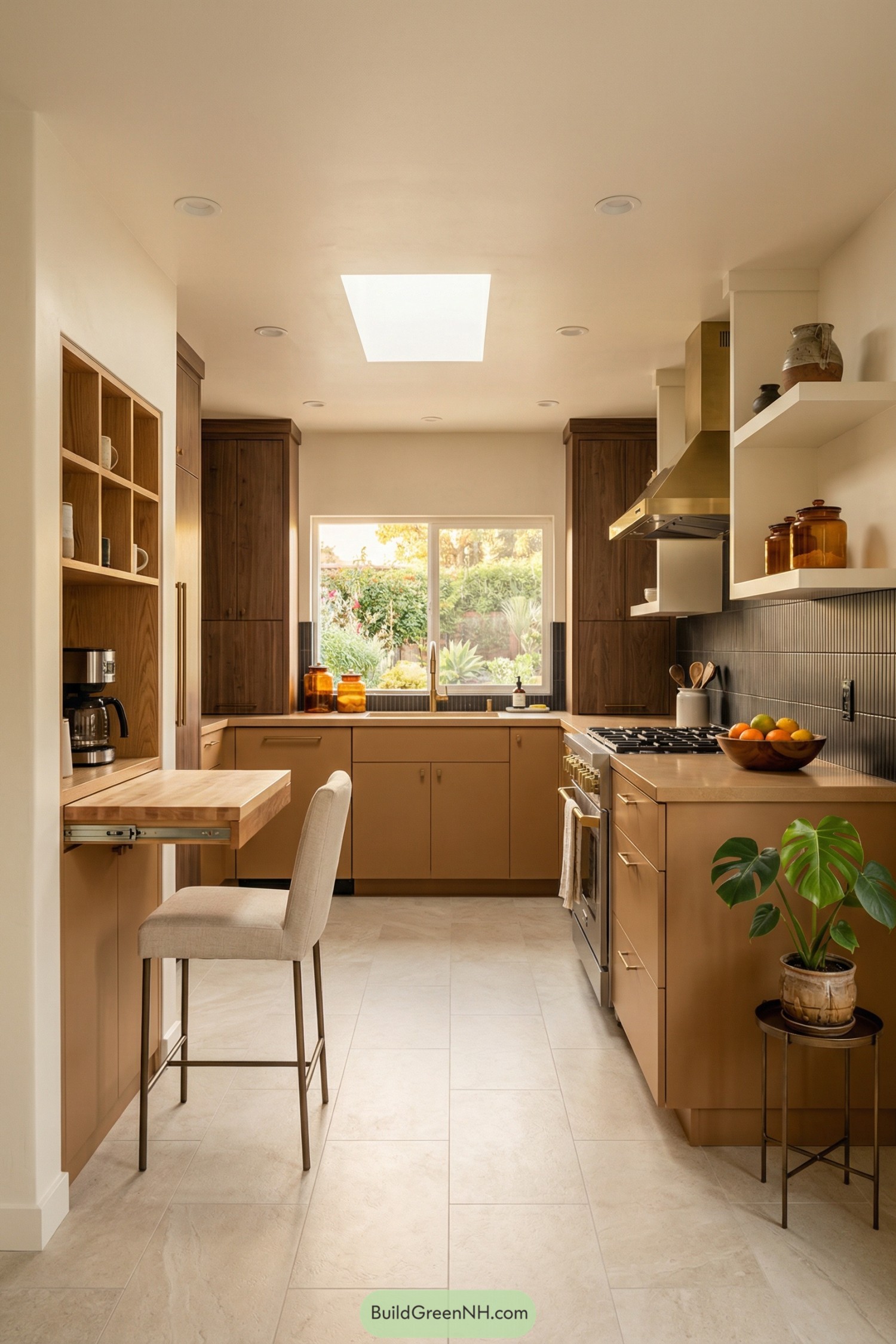Warm tan galley kitchen with skylight, wood accents, and compact breakfast nook