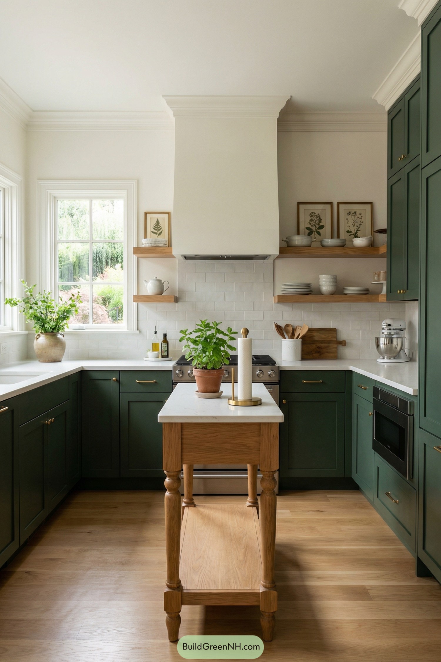 Green and white U shaped kitchen with wood accents and small island