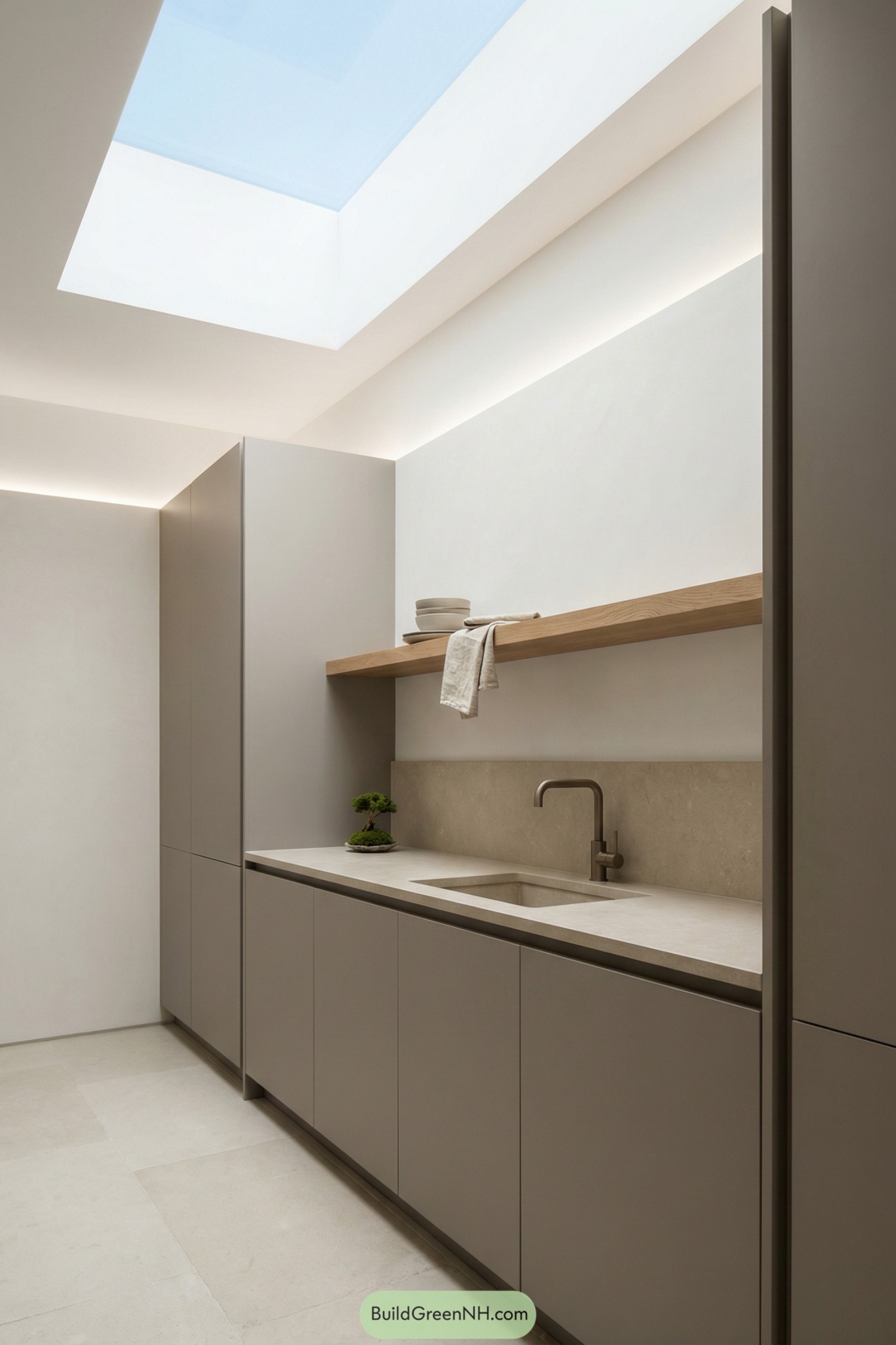 Calm beige galley kitchen with skylight and sleek flat-front cabinets