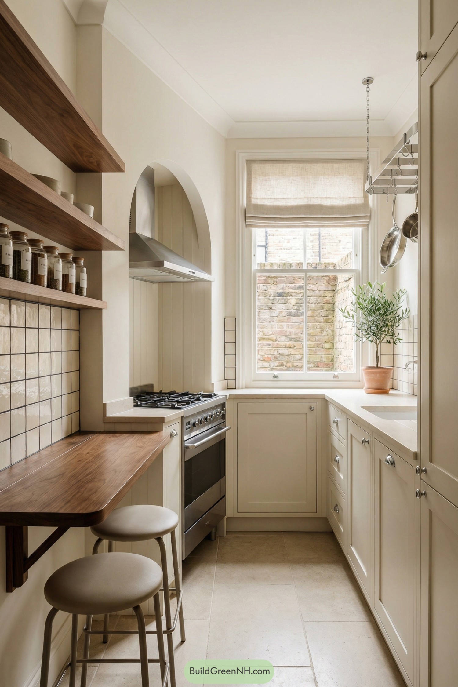 Narrow cream kitchen with wood accents