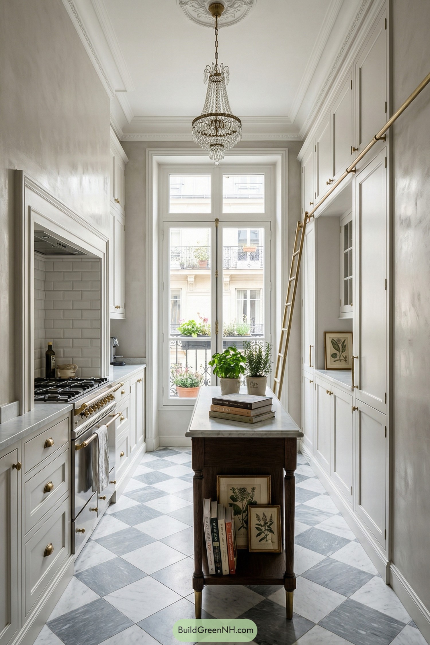 Elegant narrow kitchen with tall cabinets, island, chandelier, and French doors