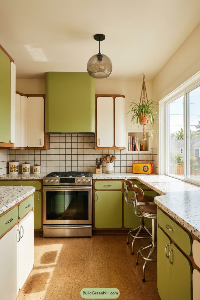 high-res photo of small kitchen interior with an efficient galley in retro 70s revival style, playful polished aesthetic, creamy white, avocado, and teak palette with chrome, rounded cabinet corners and a centered vent hood, smooth walls in warm cream, a wide window with a sunny neighborhood view, cork floors for softness, a flat ceiling with a smoked-glass pendant, materials of laminate cabinetry, terrazzo-look counters, and square tile backsplash with contrasting grout, furnishings including a compact breakfast bar, accessories of vintage canisters and a colorful radio, plants including a spider plant in a hanging planter, and a built-in display niche for cookbooks; single photo, high-resolution, real estate staging photography, strictly no collages.