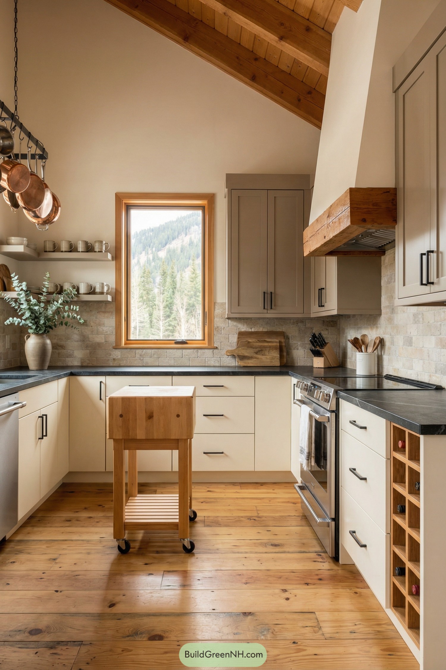 Small rustic kitchen with warm wood cabinetry and mountain view