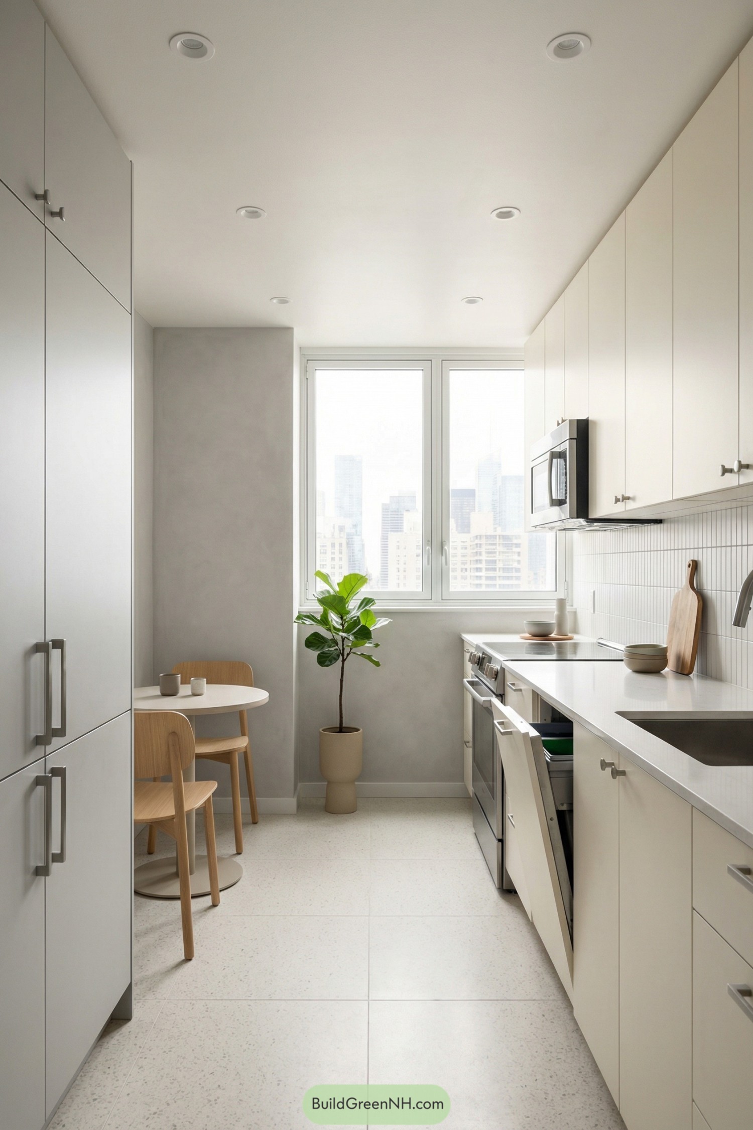 Minimalist galley kitchen with pale cabinets and a small dining nook