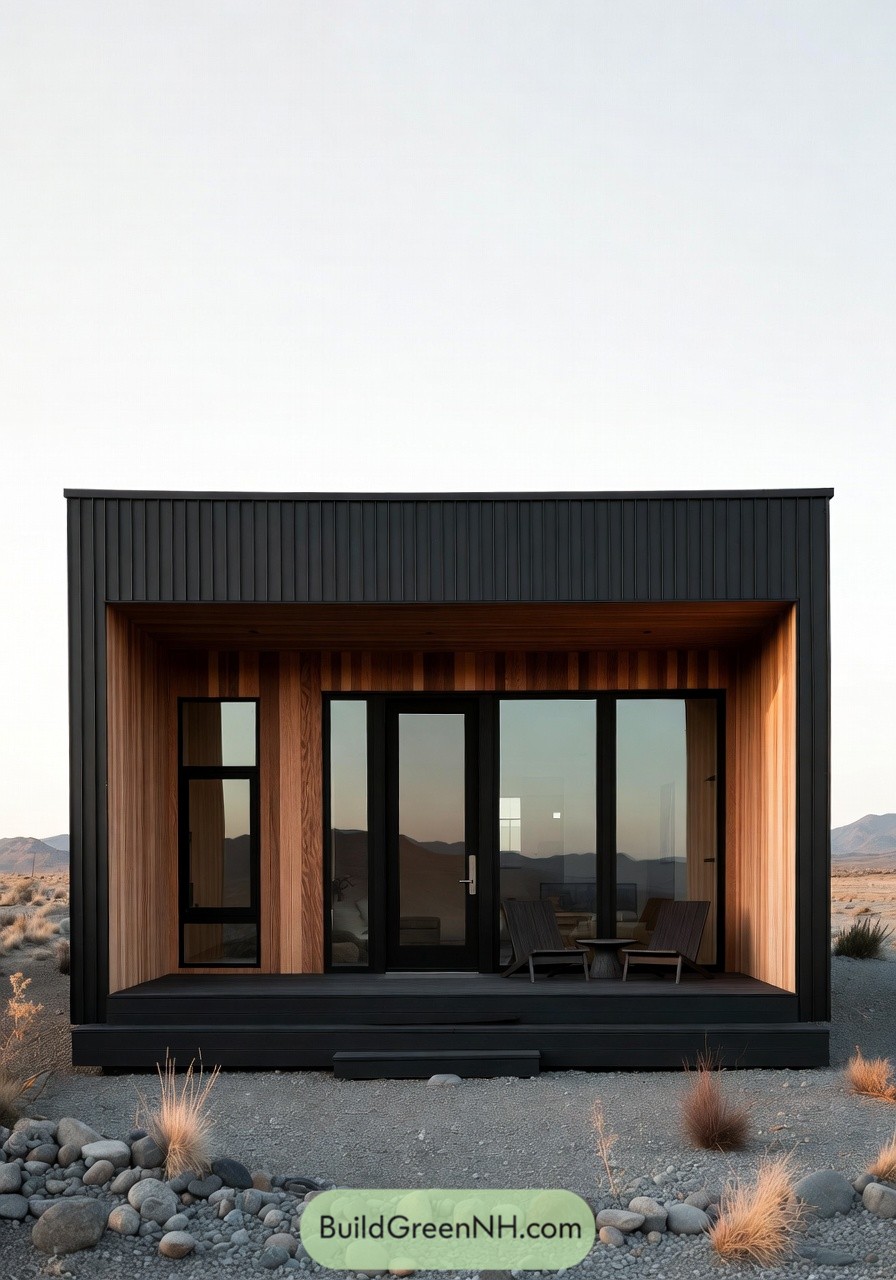 Small black and wood prefab cabin with glass front in a rocky desert setting