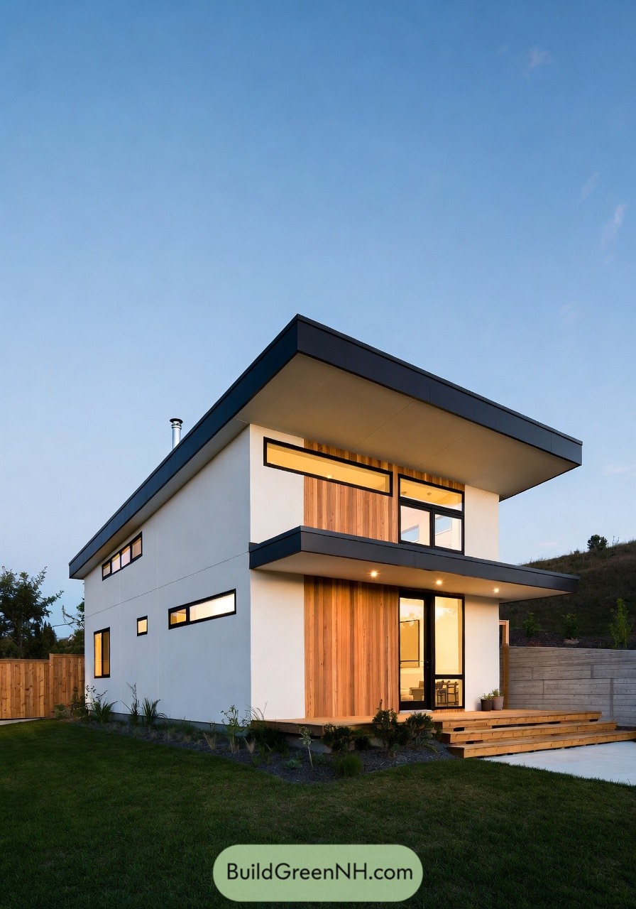 Two story prefab house with a wide overhanging flat roof and mixed wood and white exterior