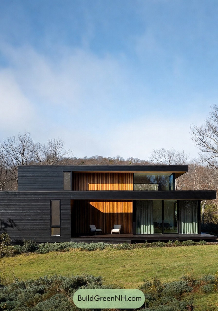 high-res photo of small modern prefab house, minimalist asymmetrical facade with strong horizontal lines and deep roof overhang, matte black and warm cedar-brown contrast, long low rectangular volume with a slightly angled flat roof cantilevering to the right, exterior clad in black horizontal boards and central section in horizontal timber slats, single-ply dark membrane roof with thin fascia, large floor-to-ceiling glass wall on the right with black mullions and sheer curtains behind, one slim vertical window on the left in a black frame, simple flush entry door integrated on the left side, continuous dark-stained timber deck plinth along the front with a wider terrace extension to the right, two simple outdoor chairs near the timber wall, clean mown lawn in the foreground, sparse landscaping with low shrubs and natural groundcover, backdrop of leafless deciduous trees and a distant wooded ridge, clear blue sky with light clouds, late-afternoon soft sunlight and gentle shadows, single real-life photo, high-resolution, architectural photography, soft lighting, cinematic composition, strictly no collages.