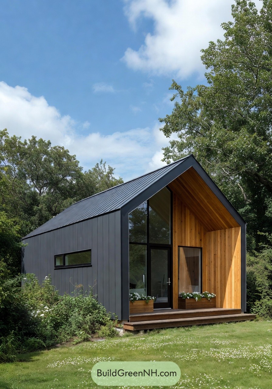 Small black metal and wood tiny house with large glass front set in a green yard