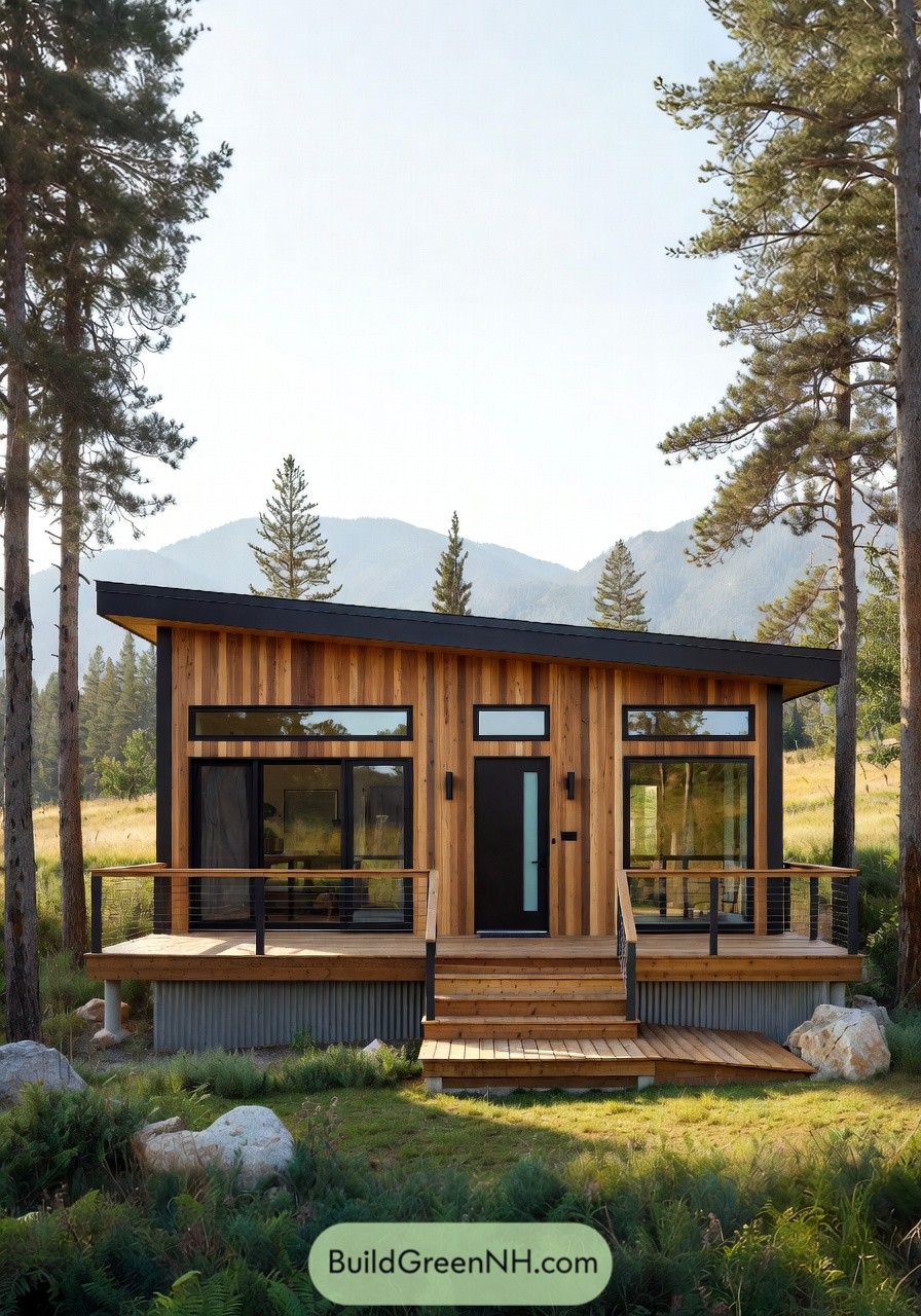 Modern cedar tiny cabin with sloped roof and large front deck set in a pine forest clearing