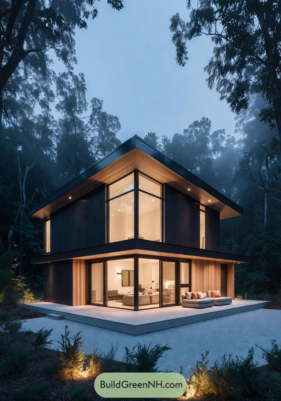 Two story modern prefab cabin with large corner windows, wood siding, and wraparound deck in a misty forest