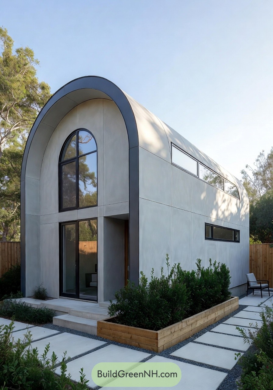 Tall arched tiny house with large windows and minimalist garden path
