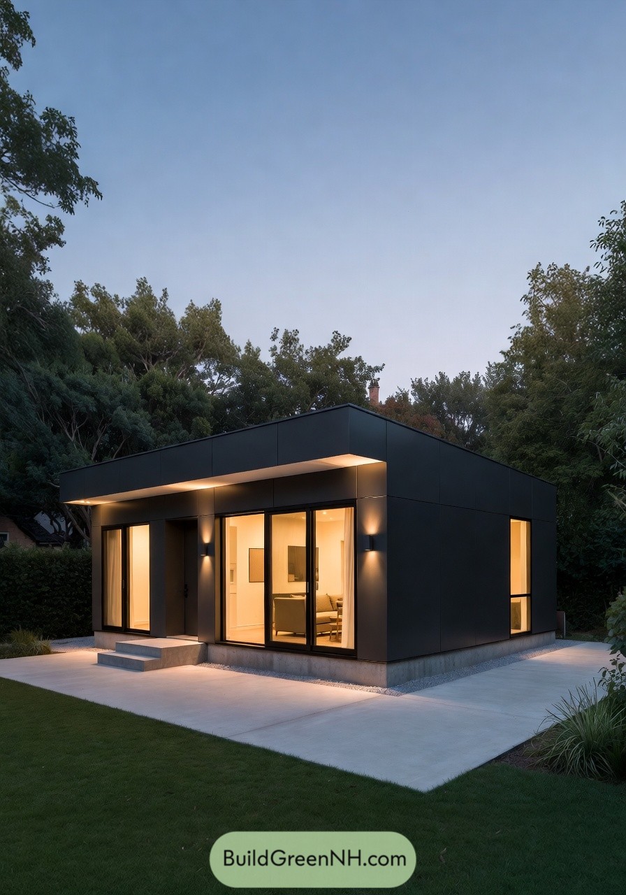 Compact black prefab house with large glowing windows on a concrete patio surrounded by trees at dusk