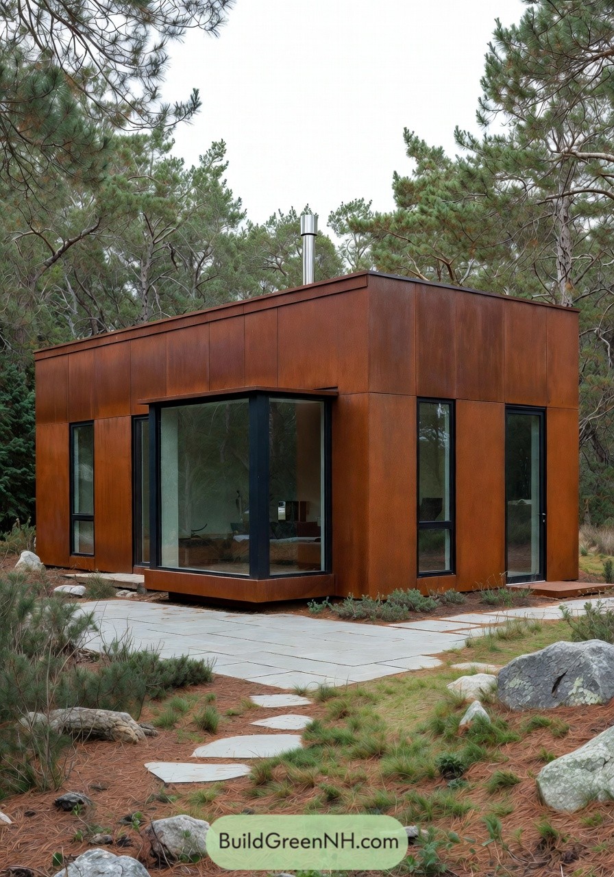 Small corten steel cabin with large glass windows set in a pine forest