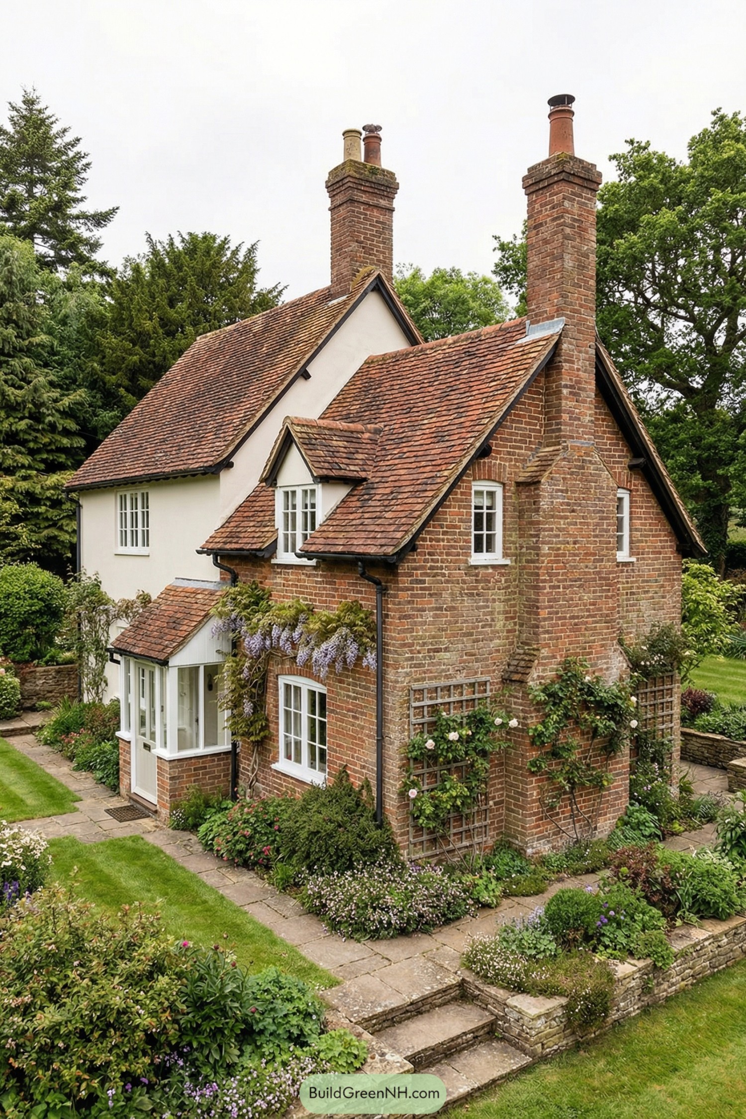 Charming red brick cottage with climbing flowers and lush gardens