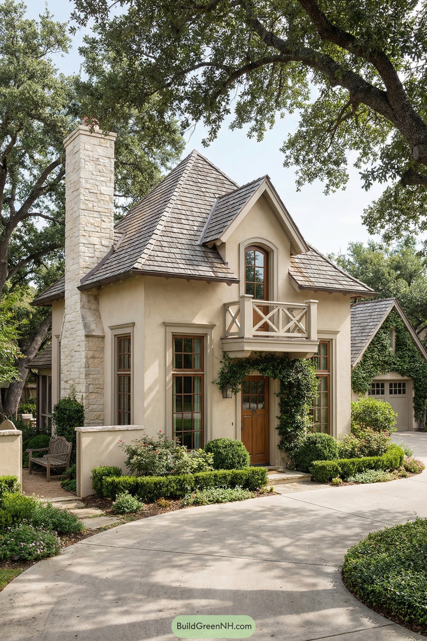 Charming small stucco cottage with steep roof, balcony, and lush landscaping