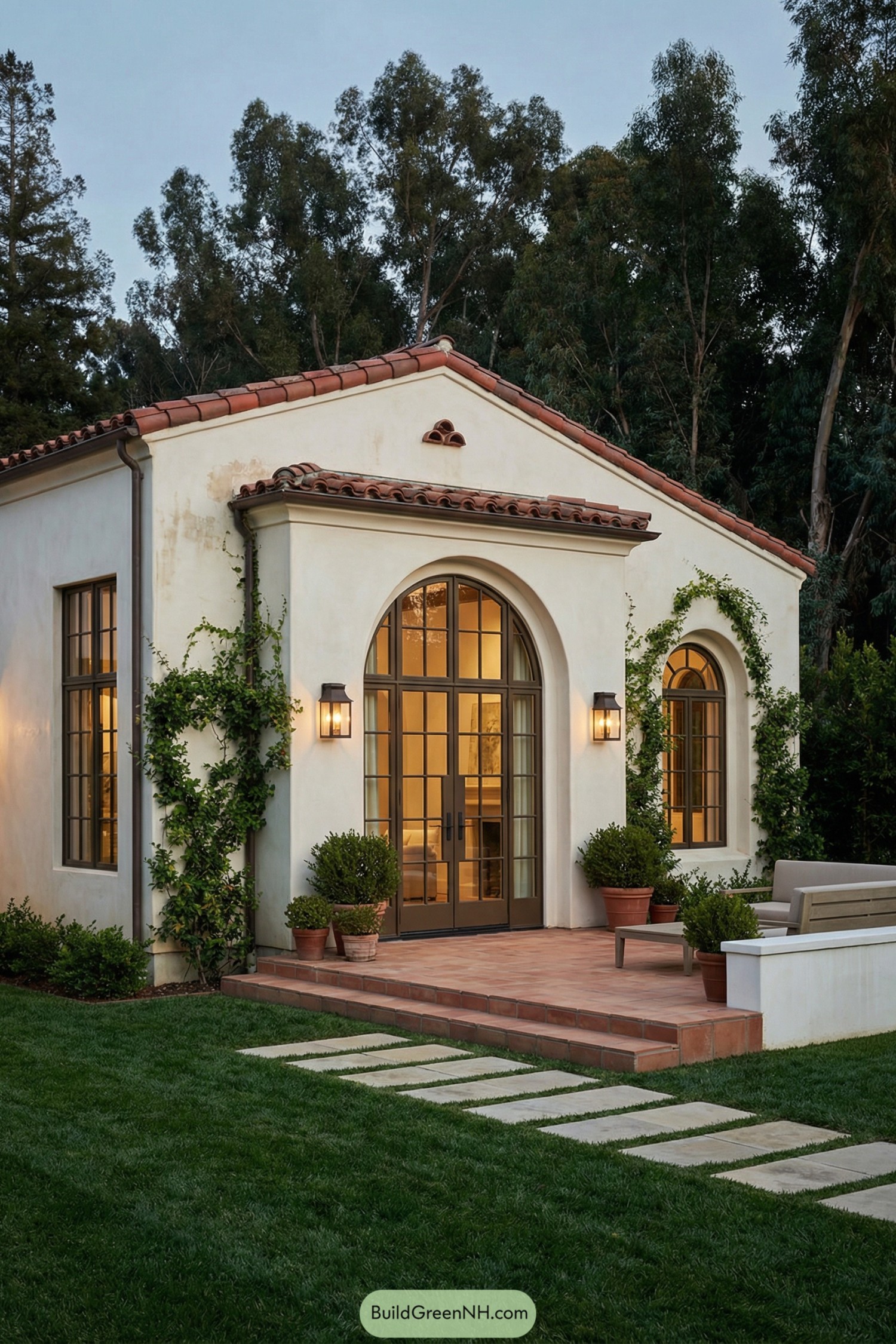 Small stucco cottage with arched doors and terracotta roof