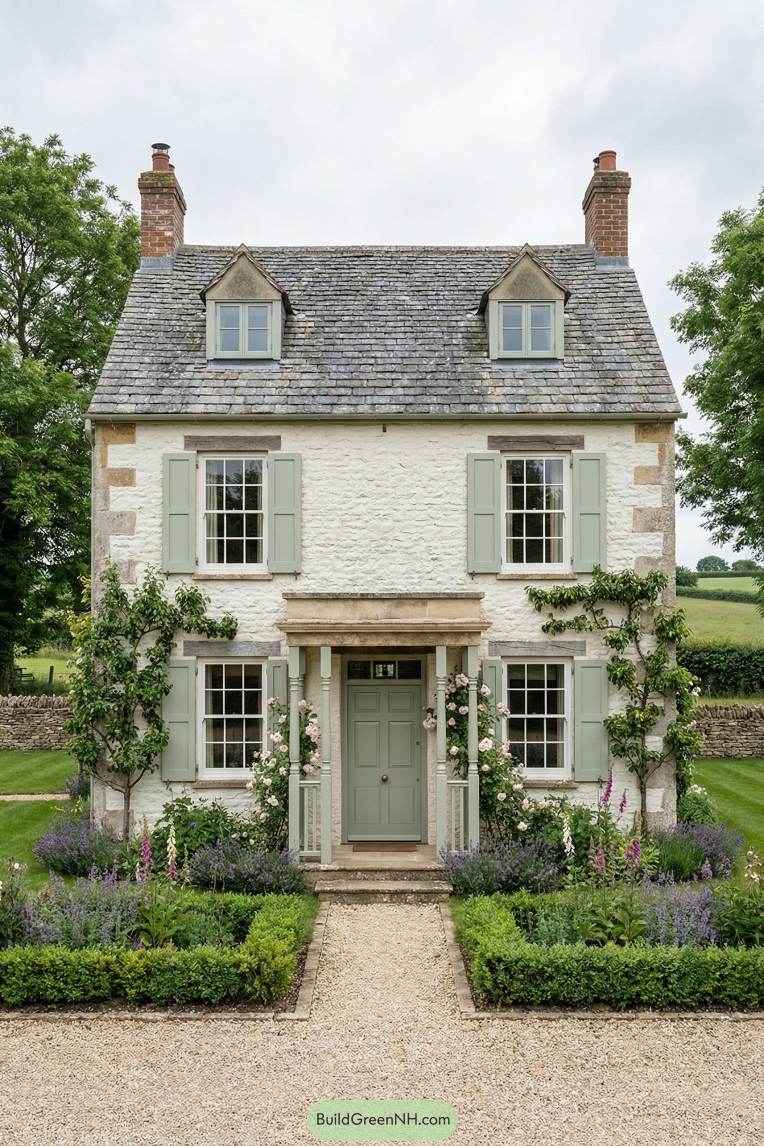 Two story stone cottage with slate roof, sage green shutters, and lush formal front garden