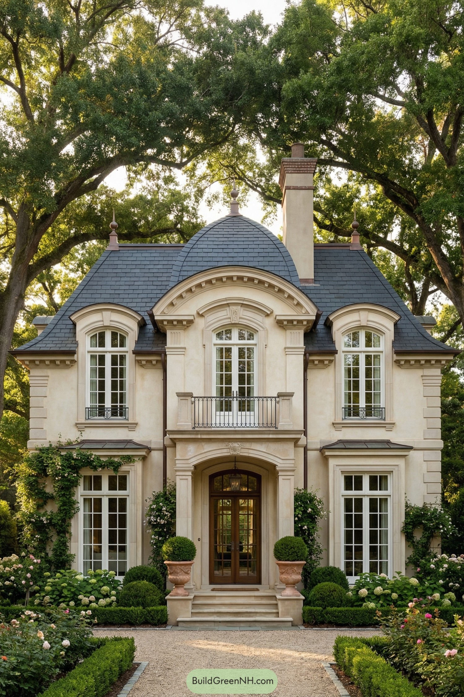 Elegant French-style cottage with slate roof and manicured formal garden