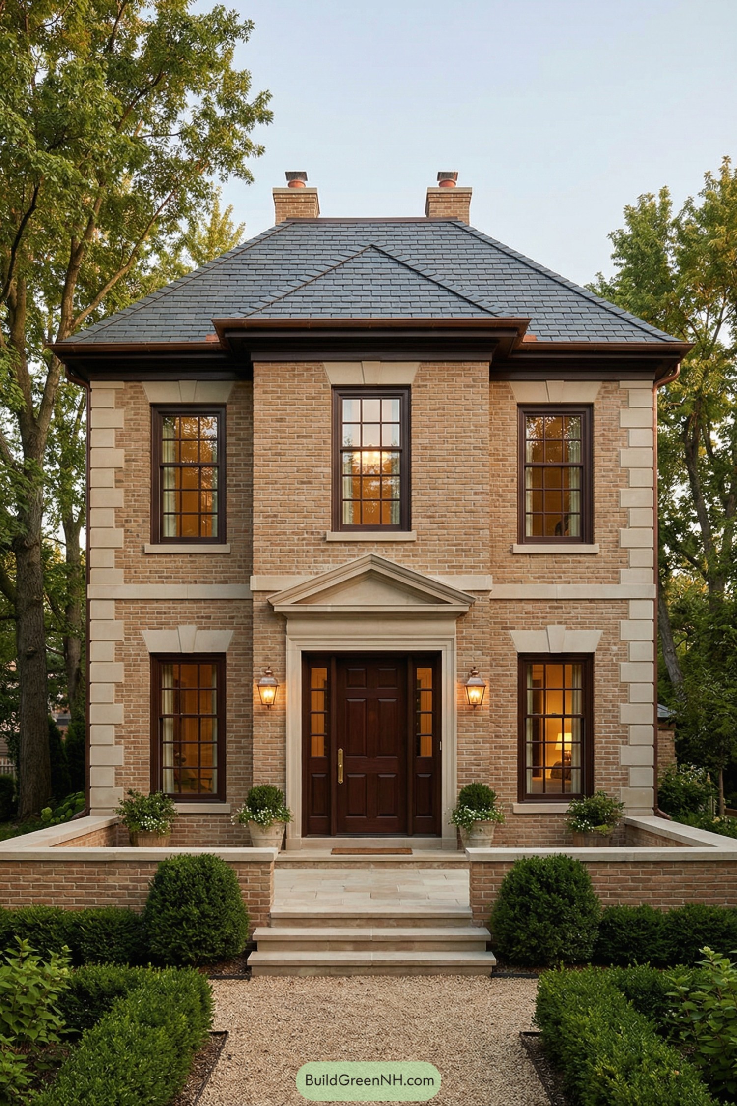 Small brick neoclassical house with formal entry