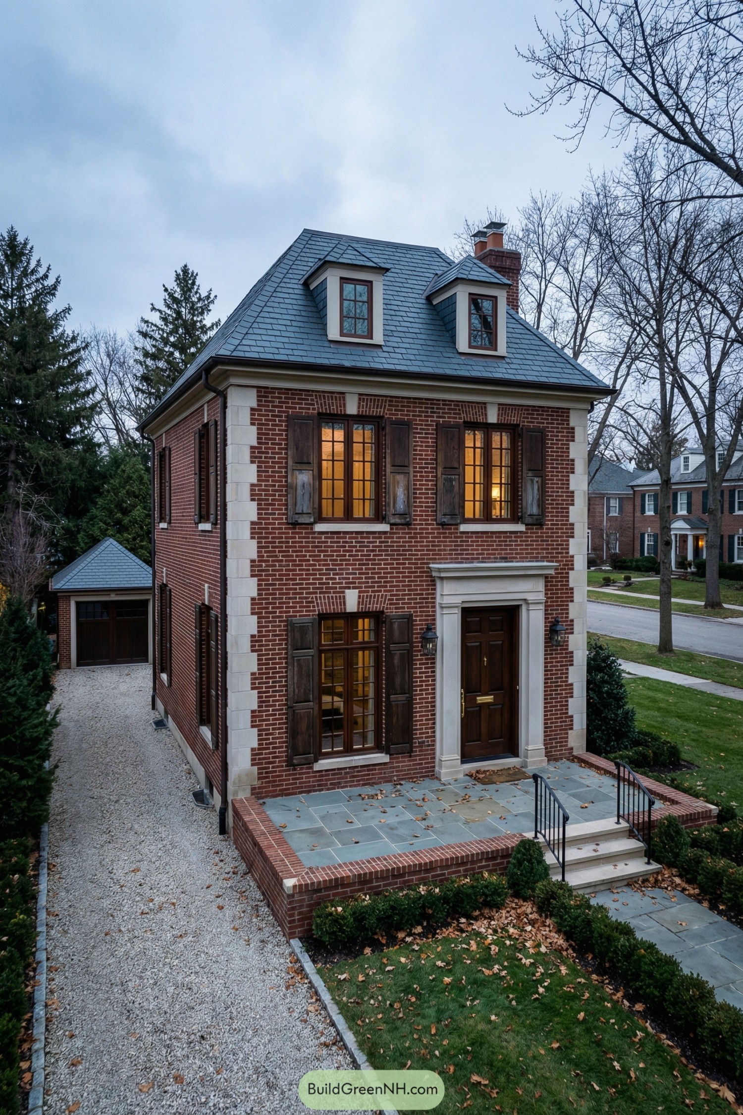 Red brick cottage with slate roof and wood shutters