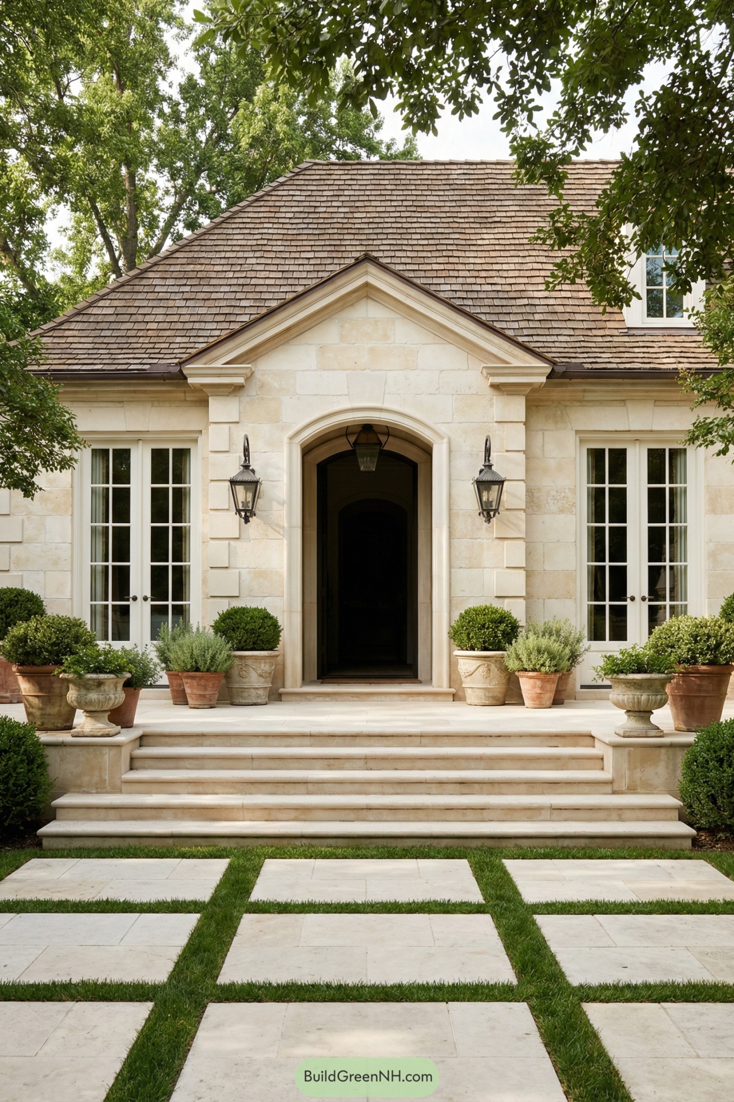 Cream stone cottage with stepped entry, potted greenery, and a shingled roof