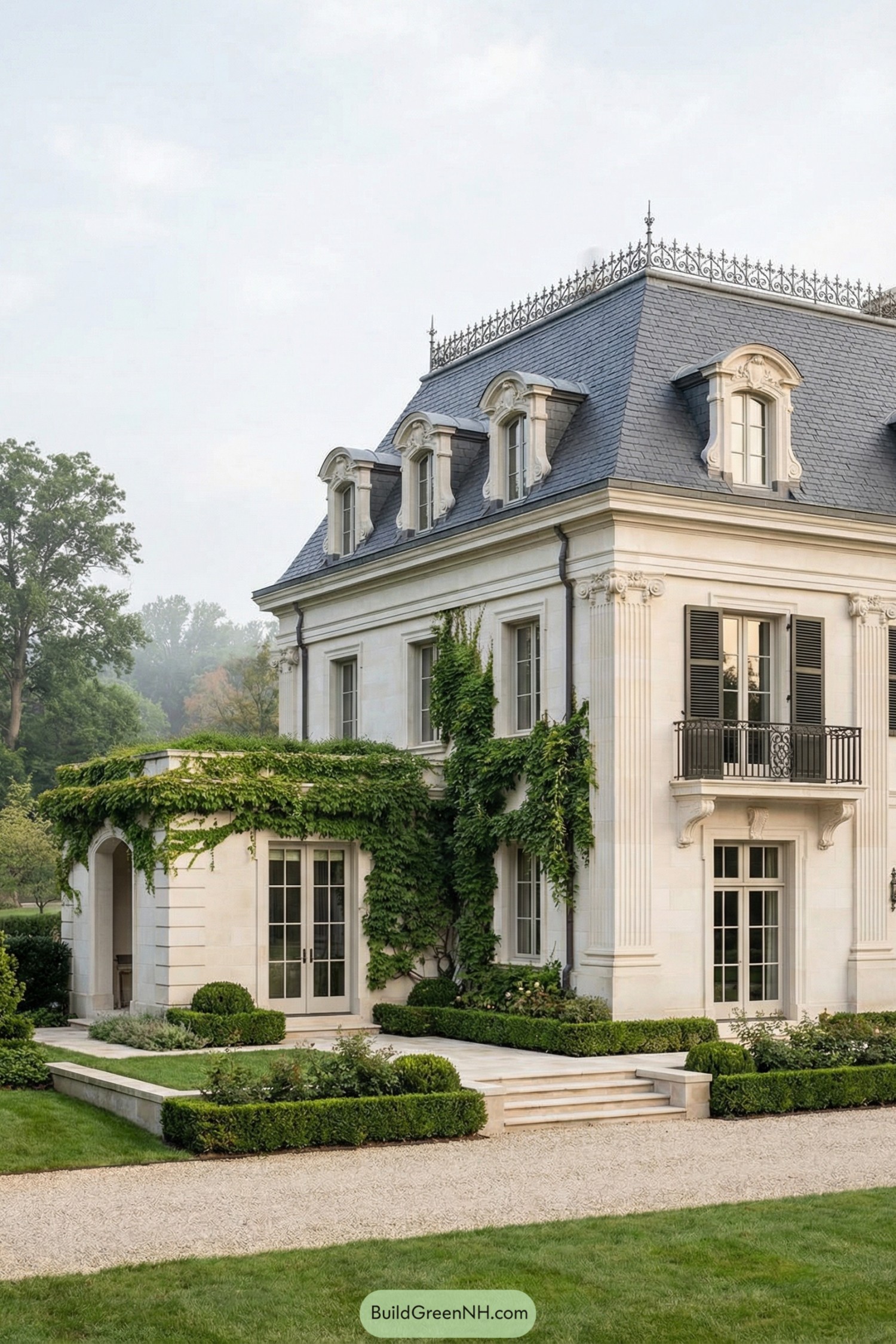 high-res photo of small old money house, elegant neoclassical facade with symmetrical composition, light warm off-white stone or stucco walls with subtle molding and pilaster details, compact rectangular main volume with a slightly projecting right bay and attached left-side pavilion, dark charcoal gray steep mansard roof with slate tiles and refined ridge railing, three ornate dormer windows with curved pediments and white trim, tall white-framed French casement windows with divided panes and dark olive-black louvered shutters, upper-level French doors opening to a narrow black wrought-iron balcony on the right bay, ground-level double French doors with sidelights on the left pavilion, secondary single door recessed under the pavilion roofline, pavilion roof flat and fully covered in dense greenery and trailing vines, abundant climbing ivy and vertical greenery wrapping portions of the facade and pavilion edges, low manicured hedges and structured shrubs at the base of the house, small stone steps and light stone terrace leading to the doors, soft lawn and neatly trimmed bushes in the foreground, distant soft-focus greenery and trees in the background under a pale sky, overall calm and refined atmosphere, real-life photo, high-resolution, architectural photography, soft lighting, cinematic composition.