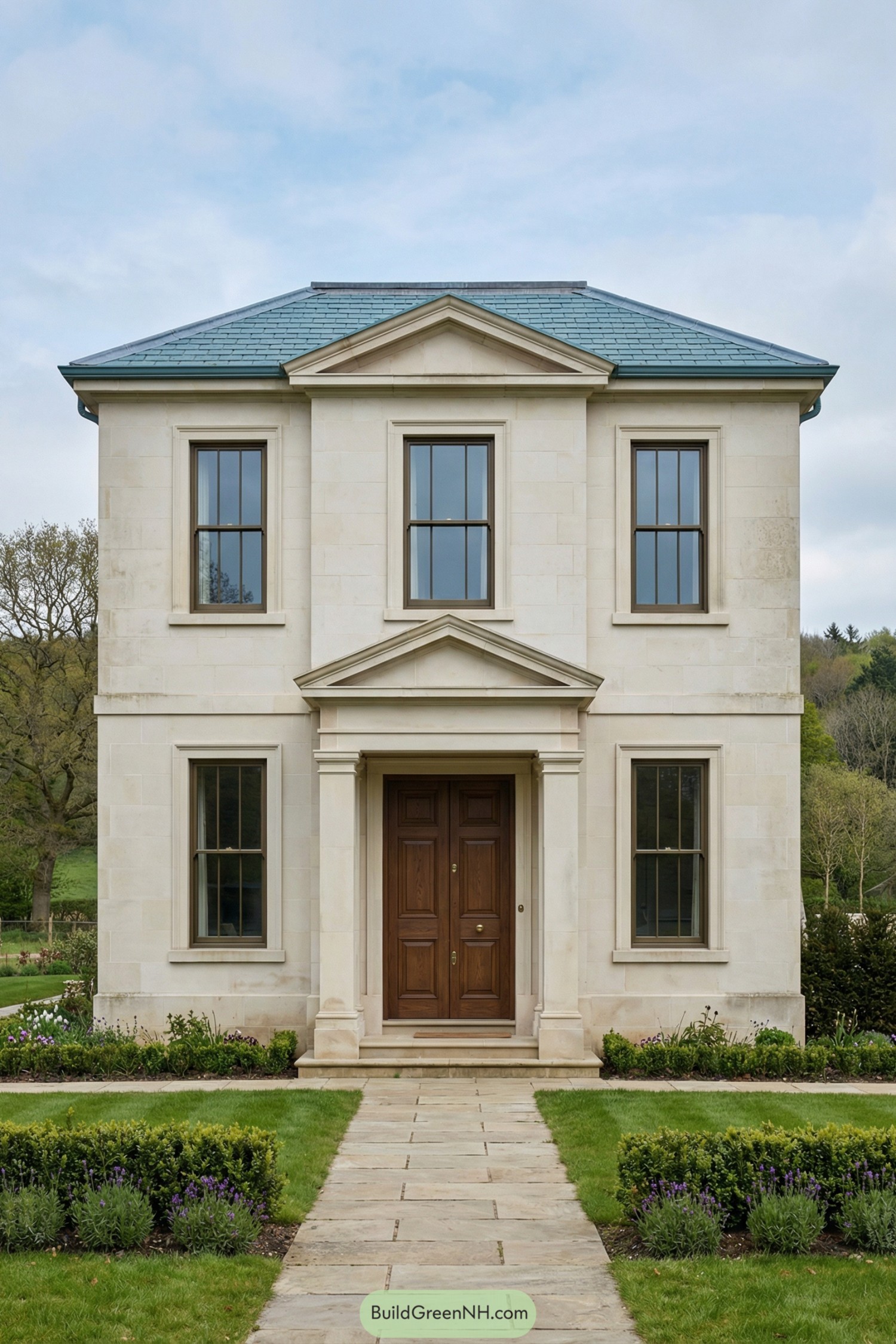 Small stone cottage with symmetrical facade and central wooden door