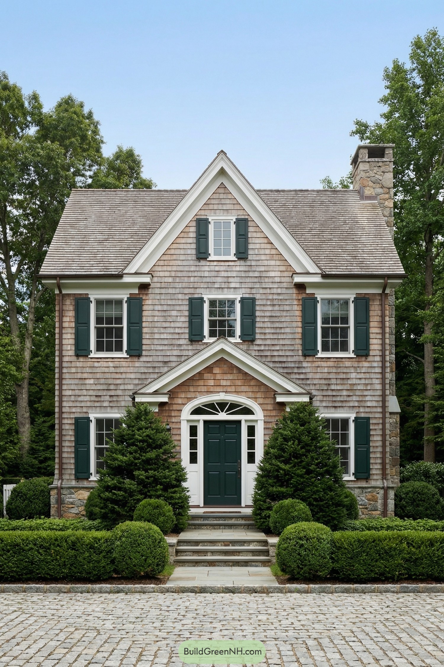 Symmetrical shingled cottage with green shutters
