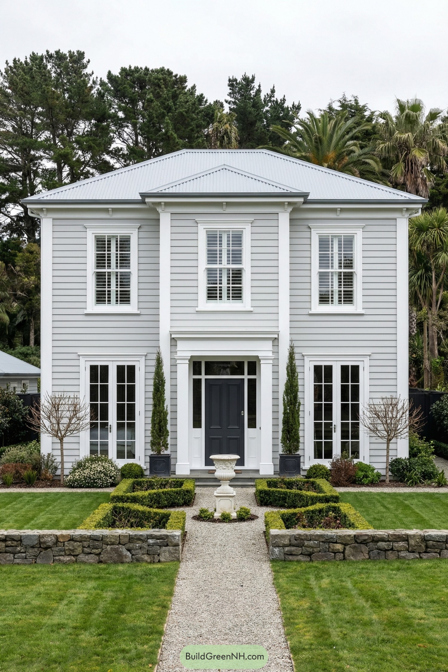 Two story gray clapboard house with white trim and manicured formal garden