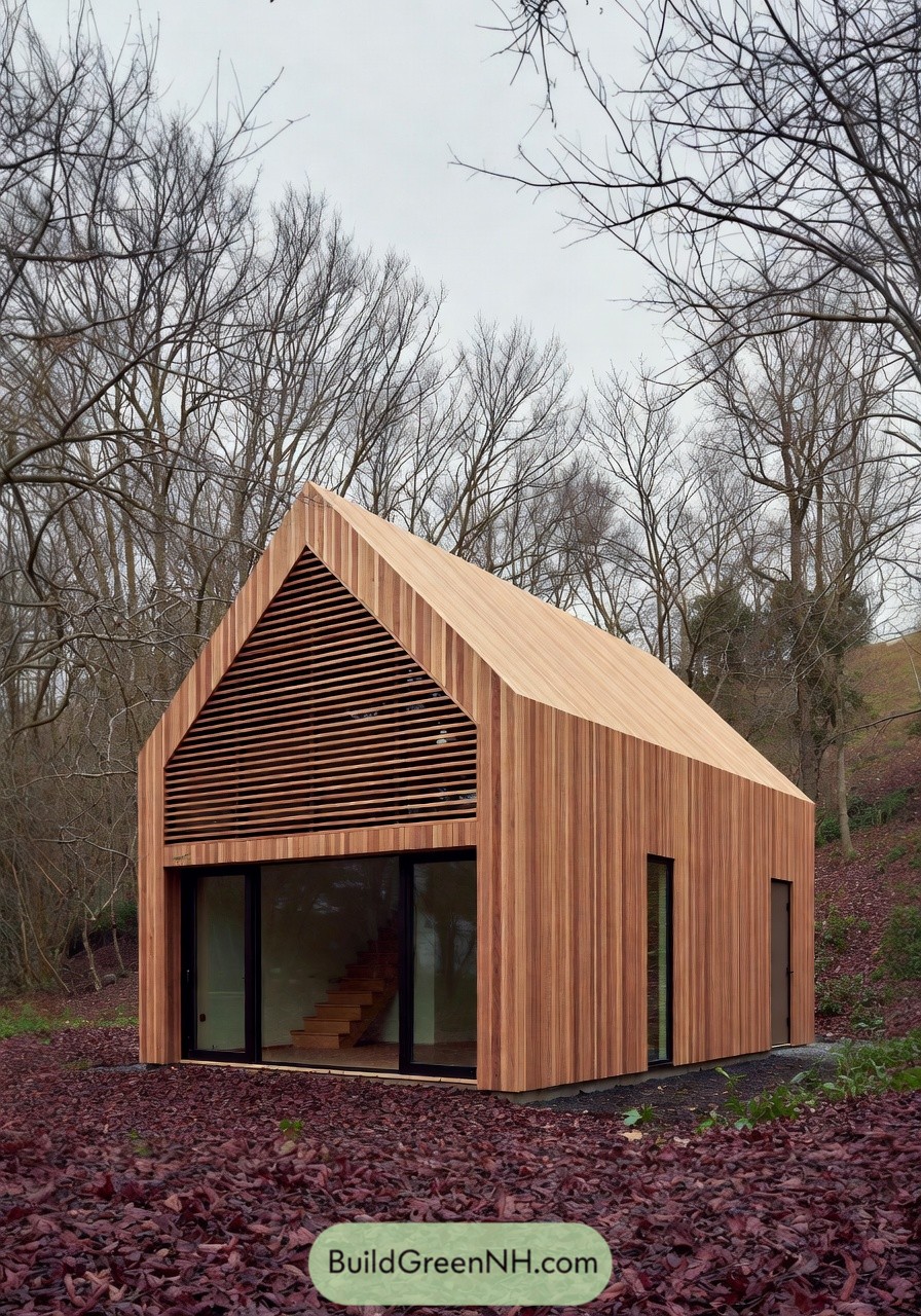 Small cedar clad prefab cabin in bare winter woods