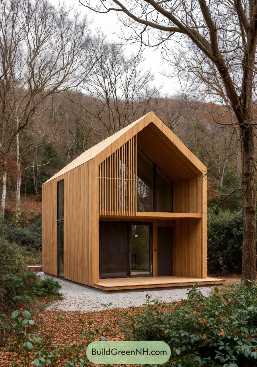 Compact two story timber cabin in a quiet forest setting