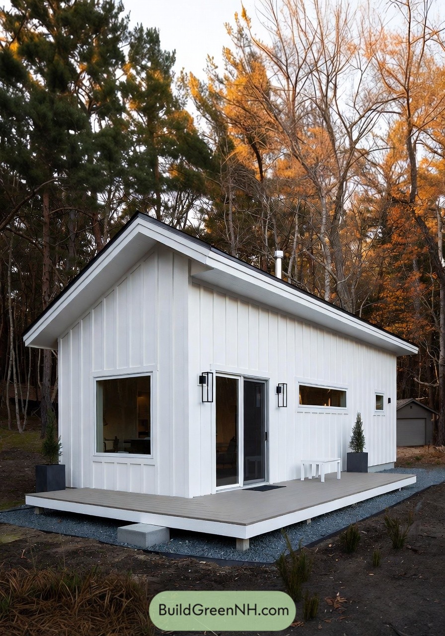 Small white prefab cabin with simple deck in a forest setting