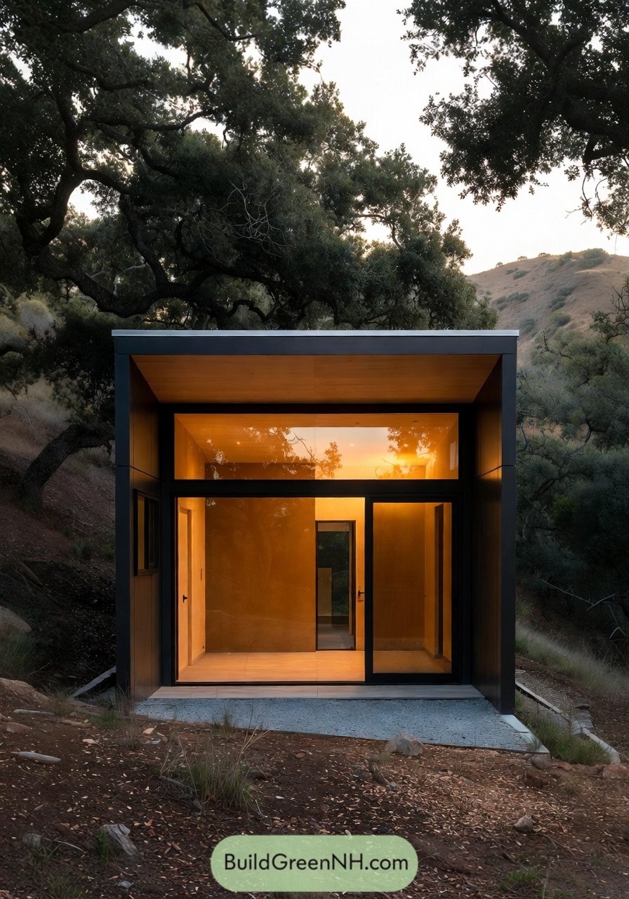 Small black framed prefab cabin with large glowing glass front set into a wooded hillside