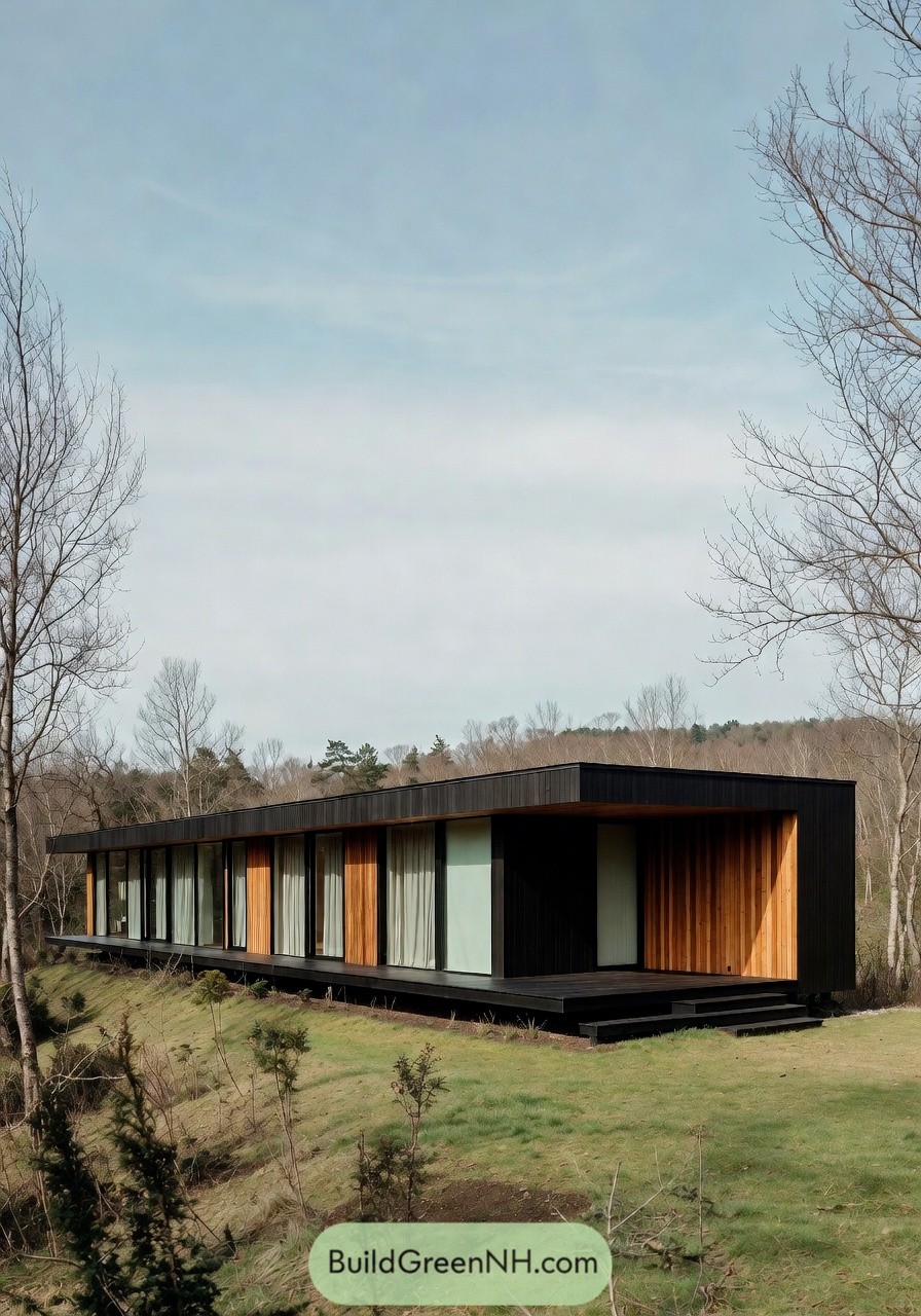 Long black and wood modern prefab cabin on a grassy hillside