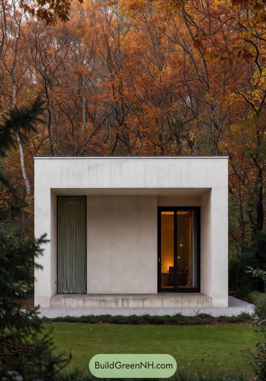 Small white modern cabin in autumn woods