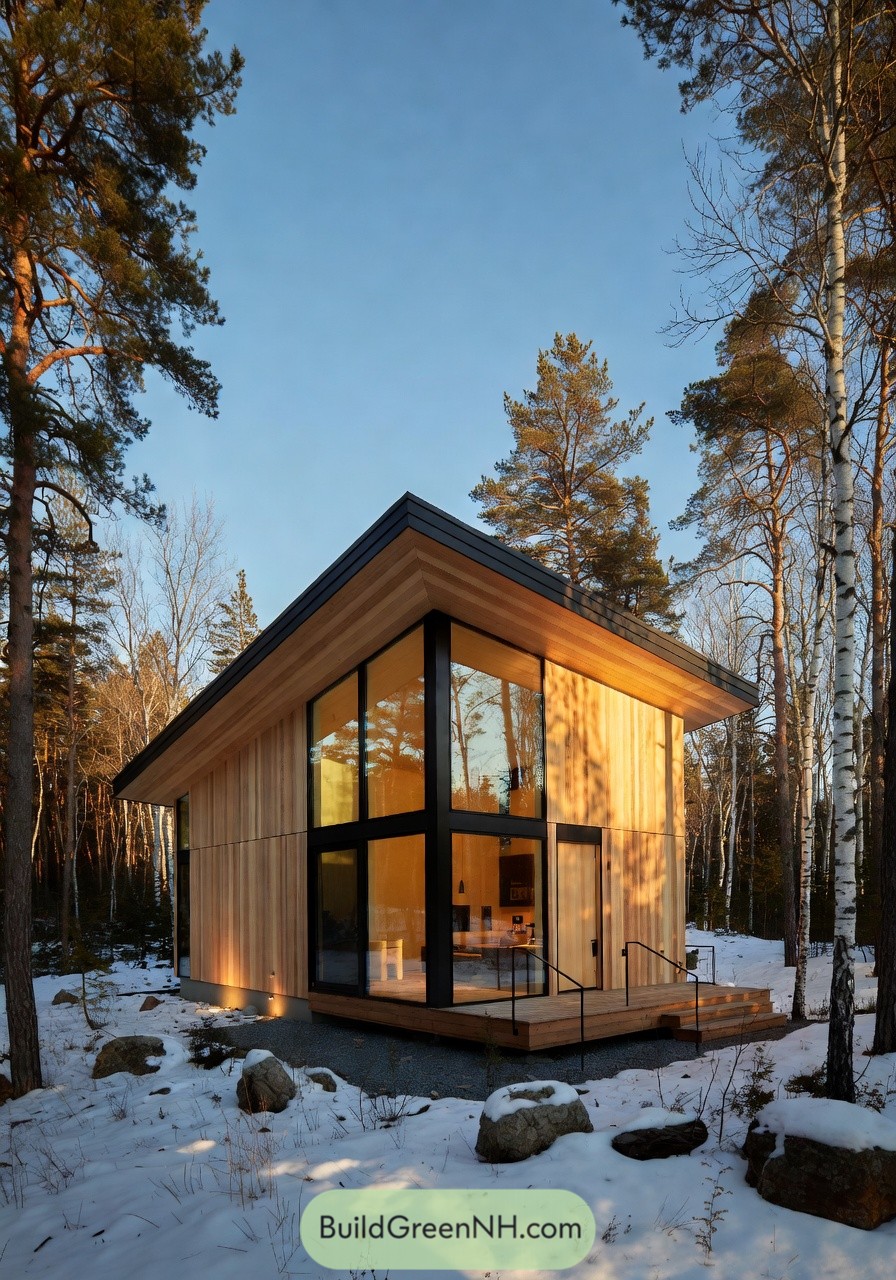 Compact wooden cabin with tall glass facade in snowy forest