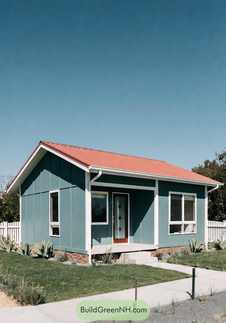 Small teal prefab house with red roof and front porch on a tidy yard