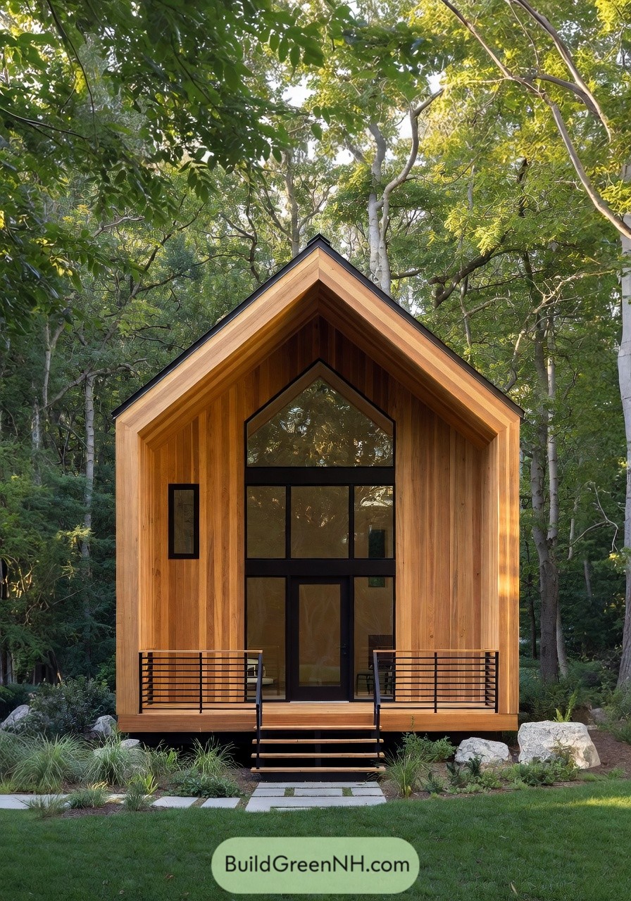 Compact cedar cabin with tall gabled facade and large black-framed windows in a forest setting