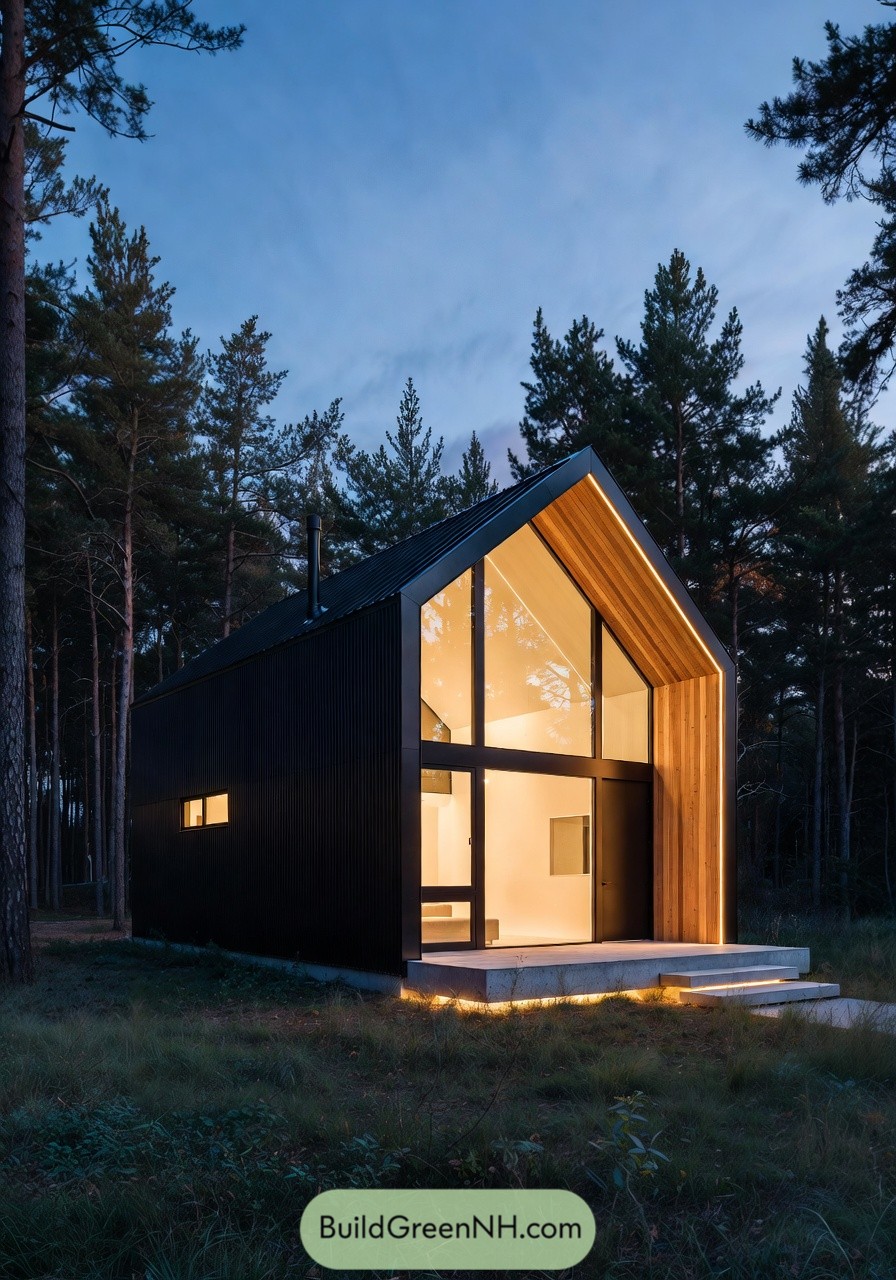 Modern black prefab cabin with tall glass front glowing in a forest at dusk