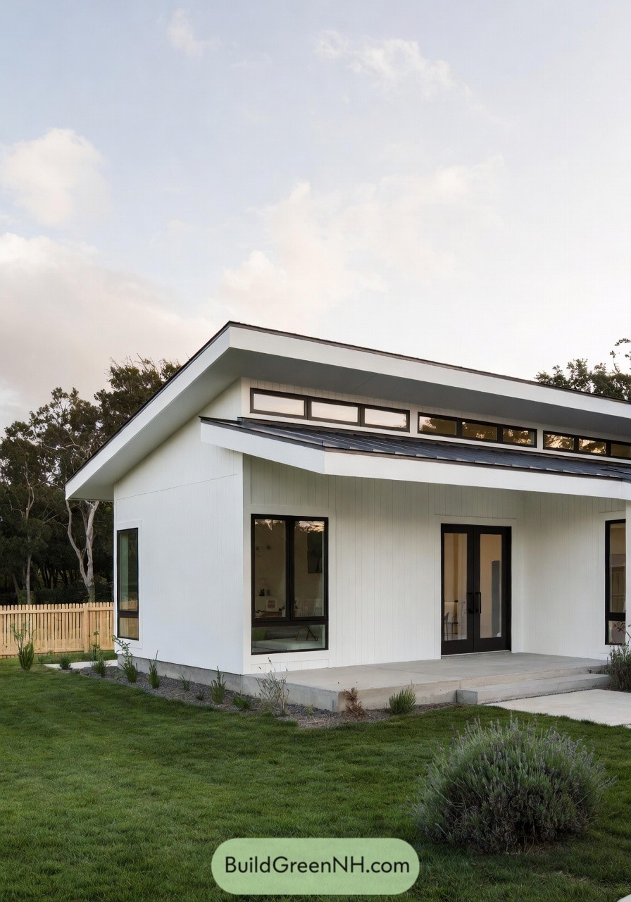 Small white modern prefab house with angled roof, clerestory windows, and black framed doors opening to a simple concrete porch